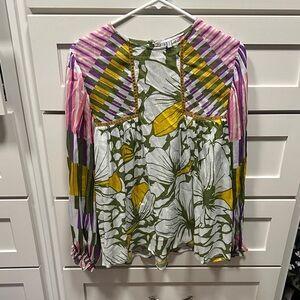 Blank London Anthropologie Miranda peasant Blouse with Green and Yellow Accents